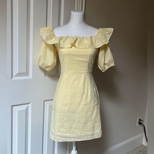 H&M Yellow Ruffle Linen Mini Dress Size XS